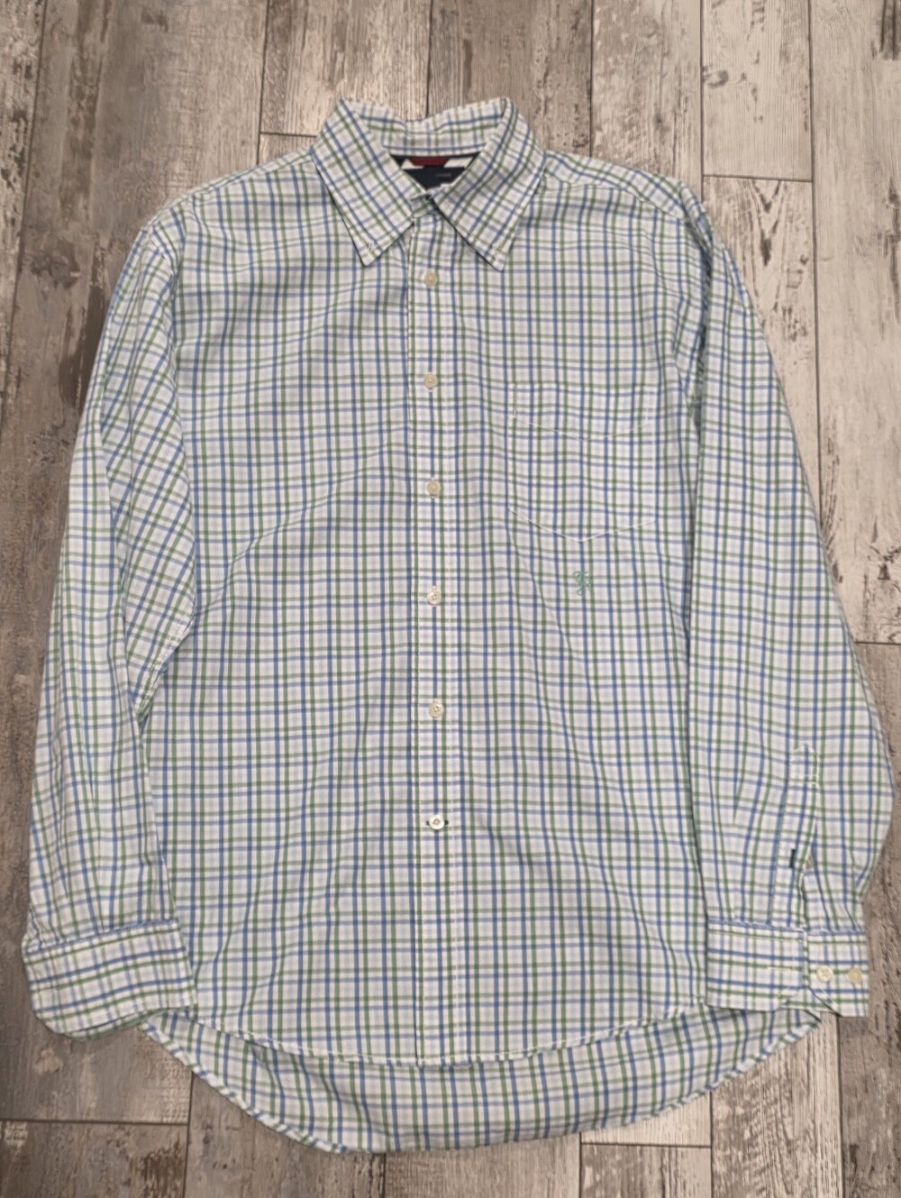 (L) Men's Tommy Hilfiger Casual Button-Down Shirt Green Blue Plaid 100% Cotton